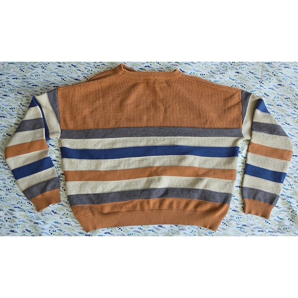 ACOA Striped Crew Neck Sweater Orange Blue Grey Cream Knit Long SleeveTopWomensL - Picture 5 of 5